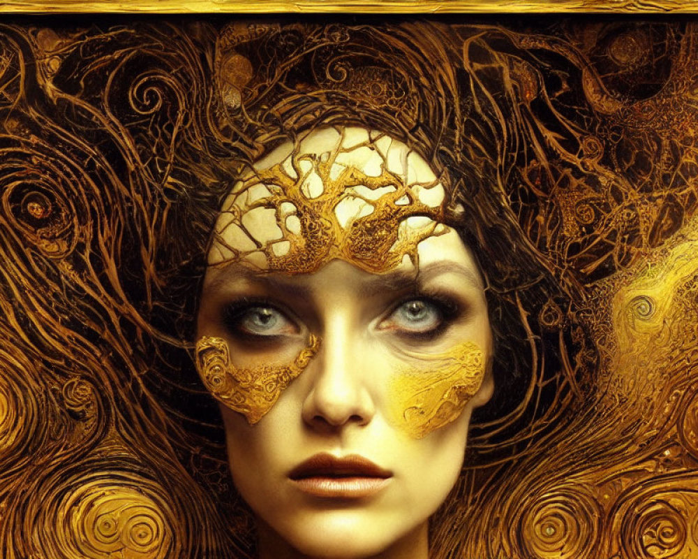 Woman's surreal portrait with golden patterns and blue eyes.