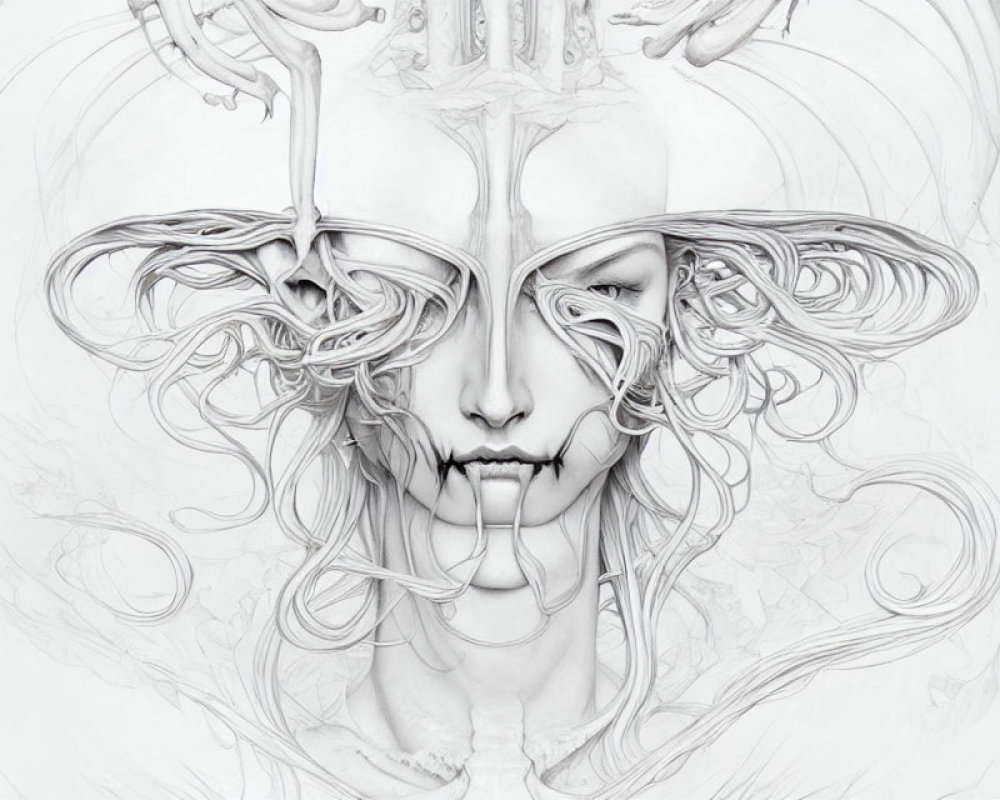 Symmetrical grayscale surreal portrait with intricate flowing lines