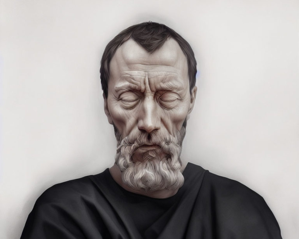 Realistic digital painting of bearded man with eyes closed and somber expression