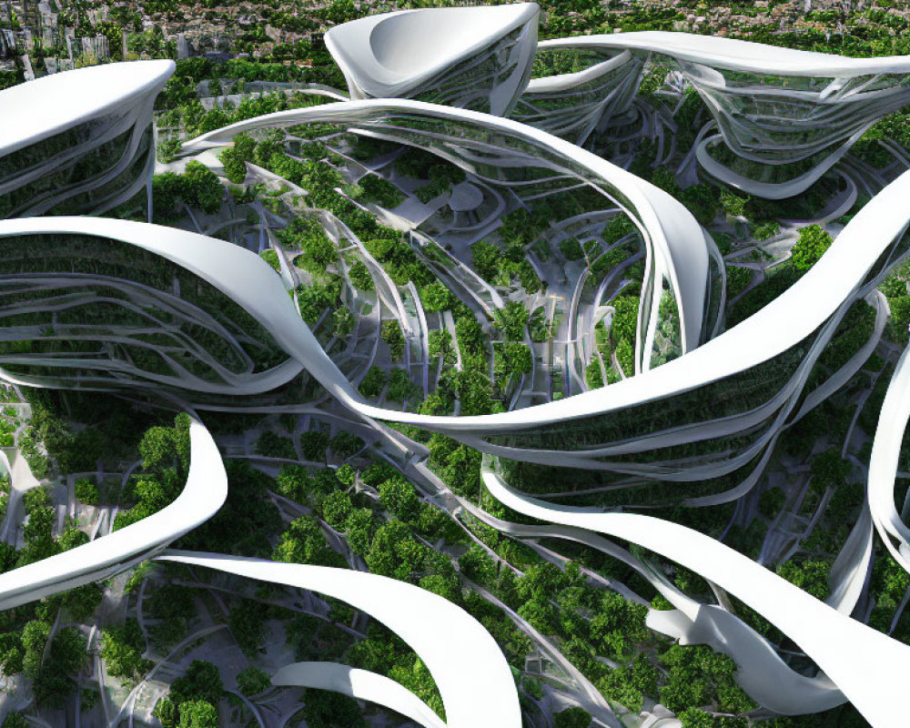 Futuristic Cityscape with White Roads and Greenery