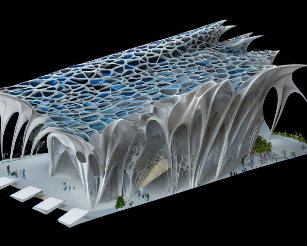 Organic white rib-like structures with blue grid roof in futuristic building.