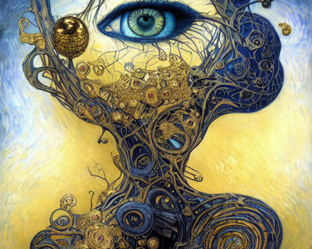 Surreal painting of blue eye with gold and blue swirls in Van Gogh-esque style