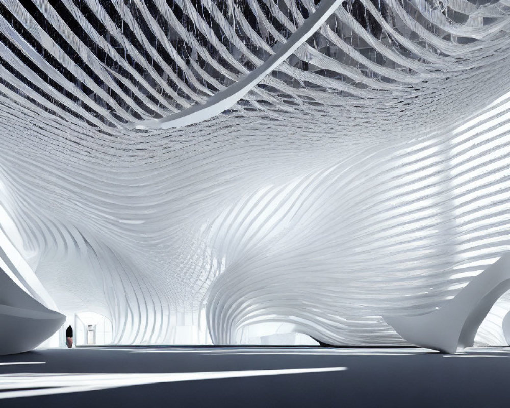 Futuristic interior with flowing white walls and ceiling patterns in wave-like design