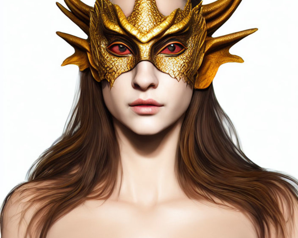 Woman with Long Brown Hair in Ornate Gold and Red Mask