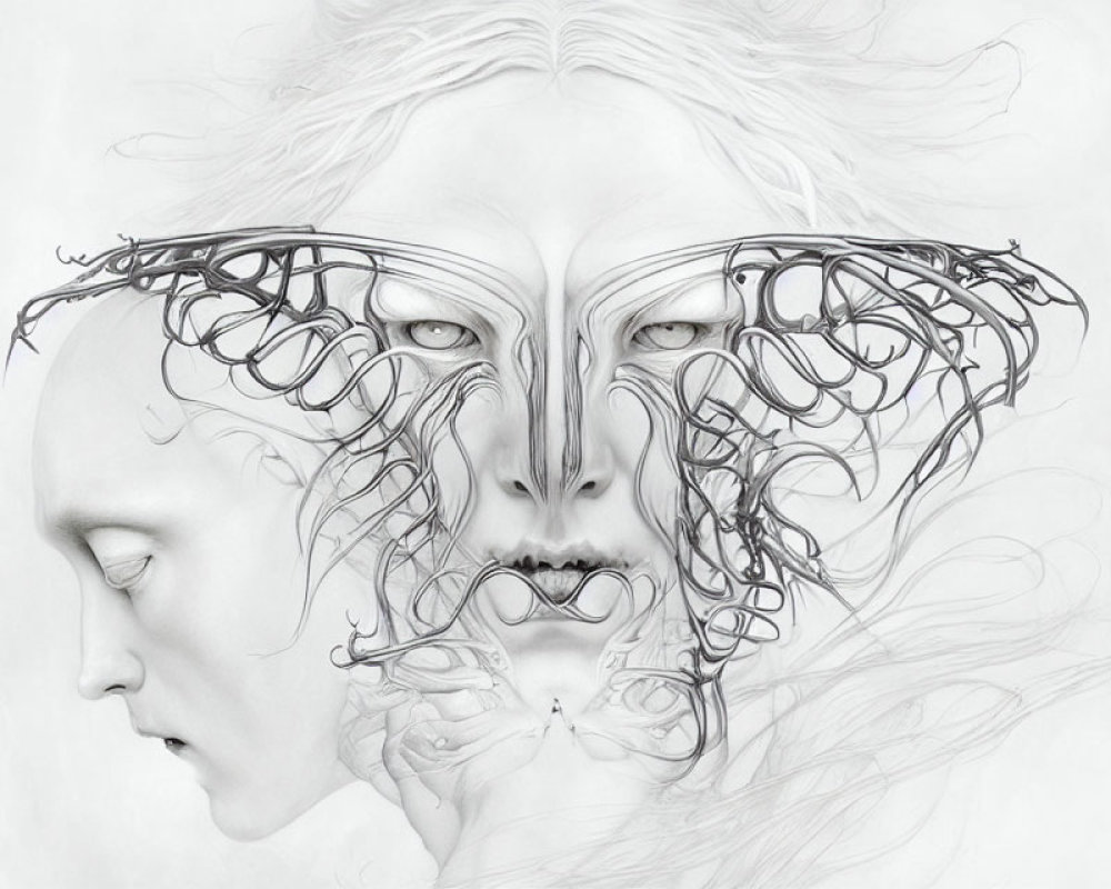 Surreal pencil drawing of faces with ornate wing-like structures