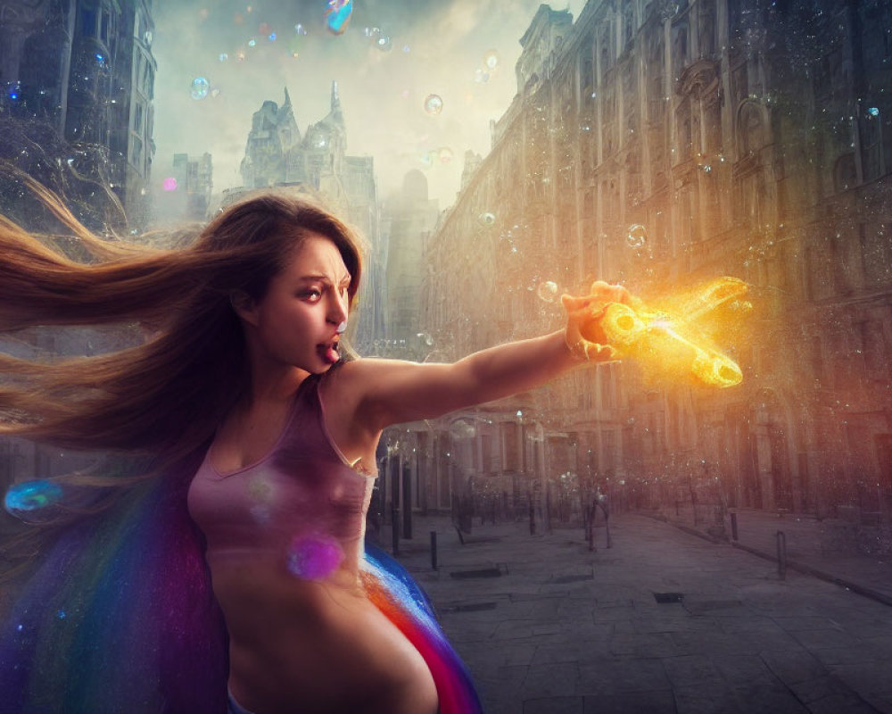 Woman casting magical spell in urban street with bubbles and futuristic buildings