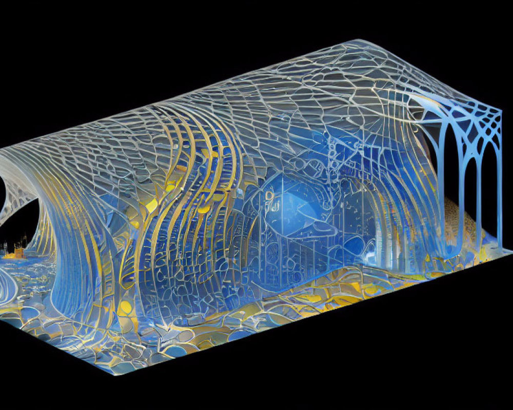 Detailed 3D rendering of blue and yellow tunnel structure on black background