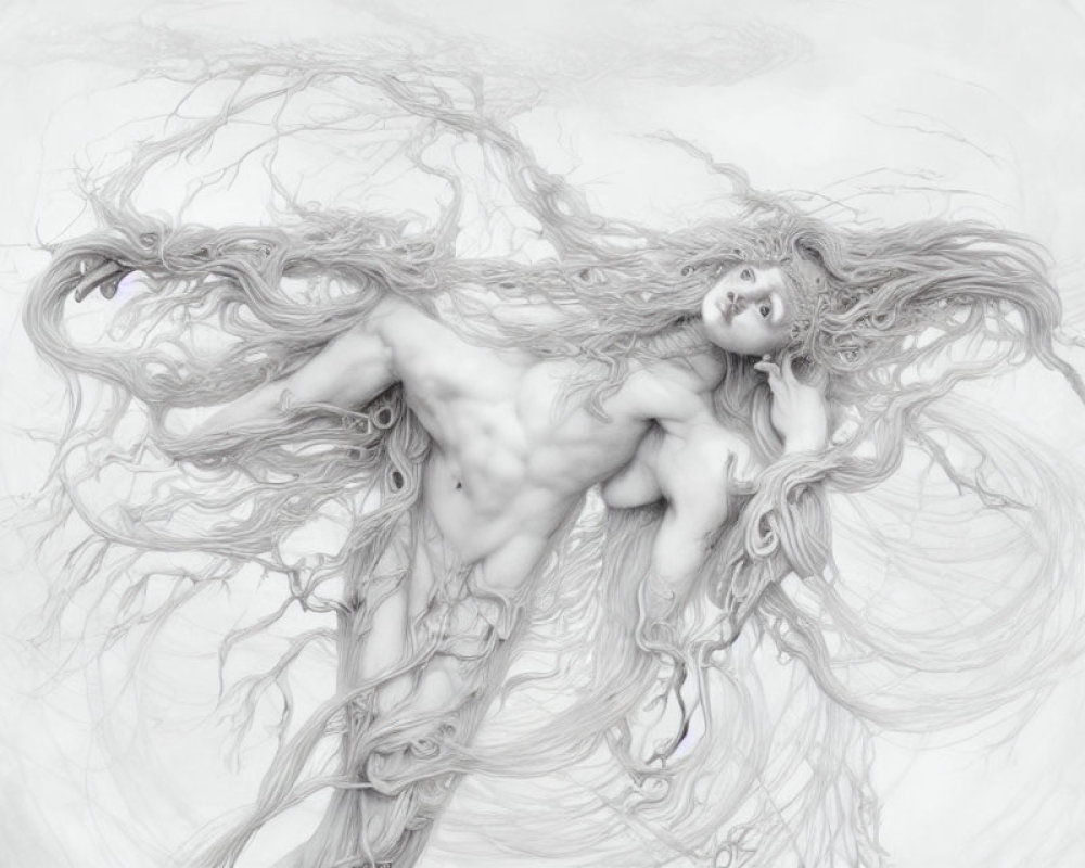 Monochromatic nude female figure merging with tree-like forms