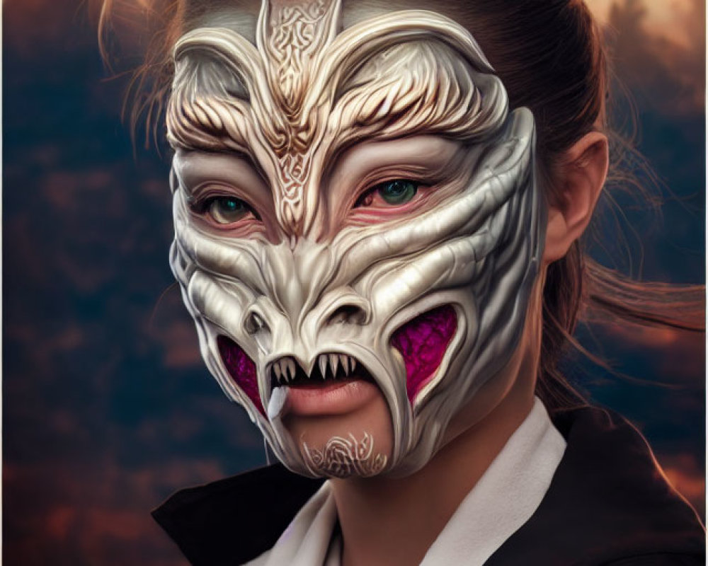 Half-Face Person in Fantasy Creature Mask with White and Silver Designs