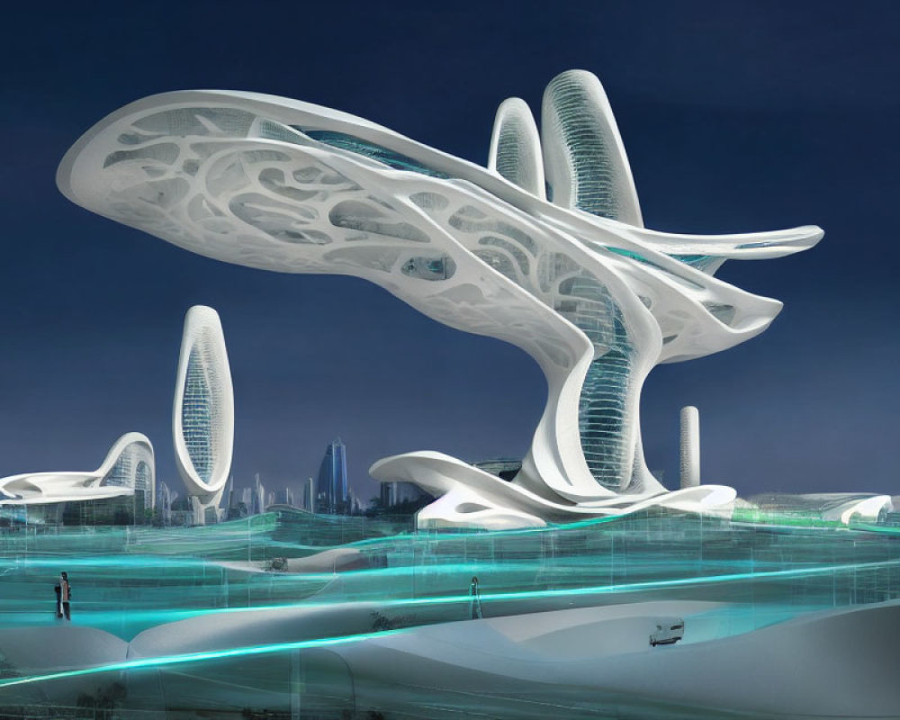 Interconnected futuristic buildings with organic shapes at night