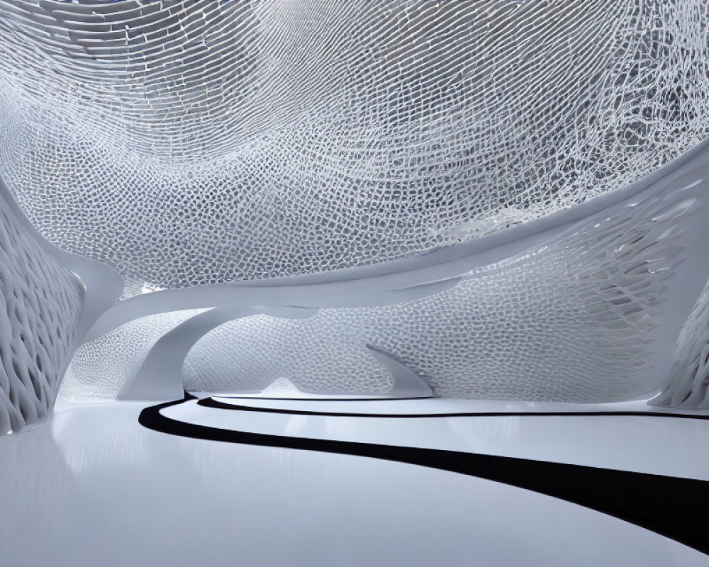 Futuristic white latticework canopy over black floor path