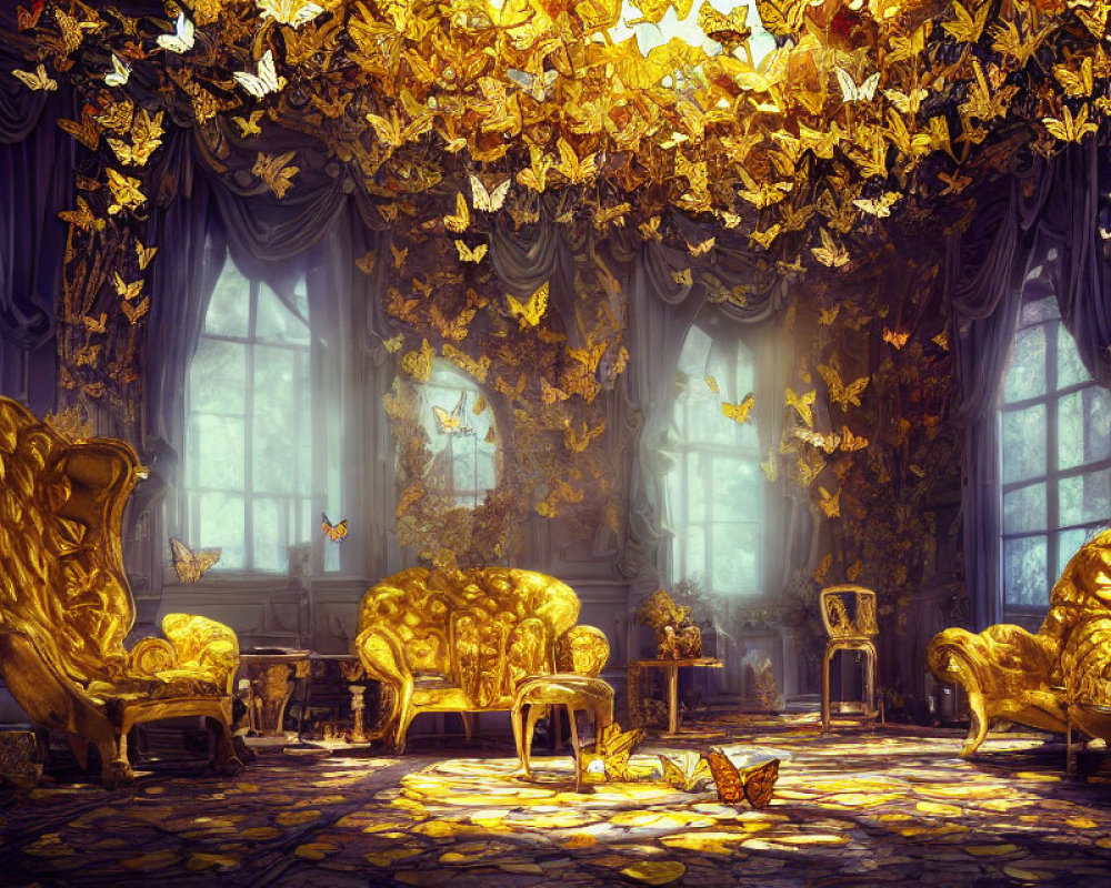 Golden Furniture and Butterflies in Luxurious Room