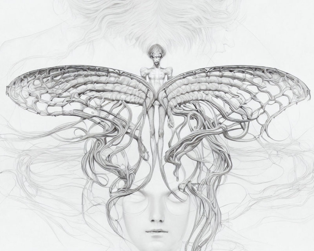 Monochrome artwork of serene face with smoke-like patterns and butterfly wings