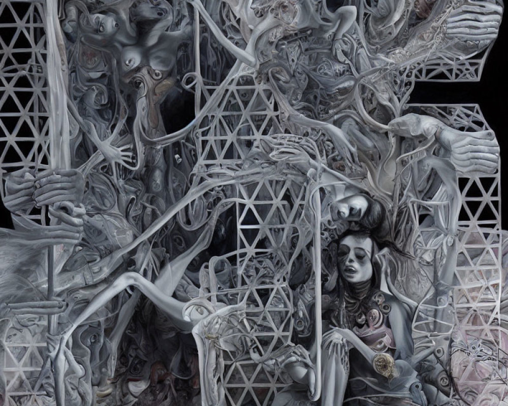 Surrealist monochrome painting with intertwined human forms and abstract shapes