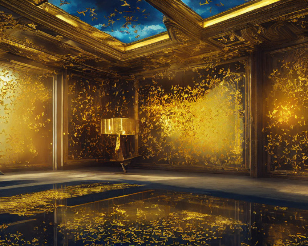 Luxurious room with golden leaves, starry ceiling, and ornate walls