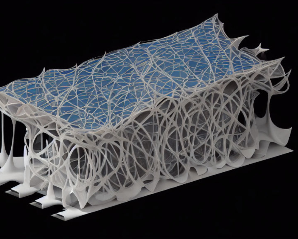 Detailed 3D-printed architectural model with intricate web-like structure and geometric canopy