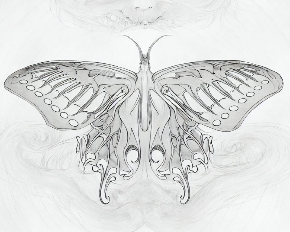 Symmetrical grayscale butterfly illustration with ornate wing patterns