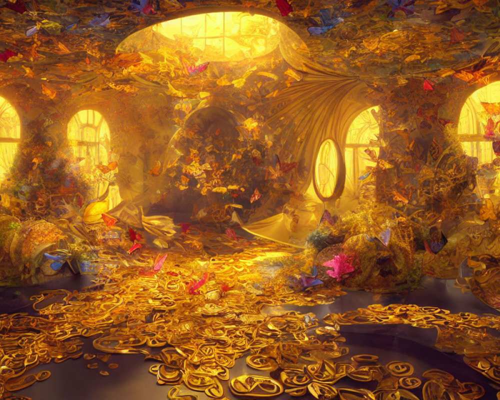 Vibrant autumn leaves, golden light, butterflies, and gold coins in enchanting scene