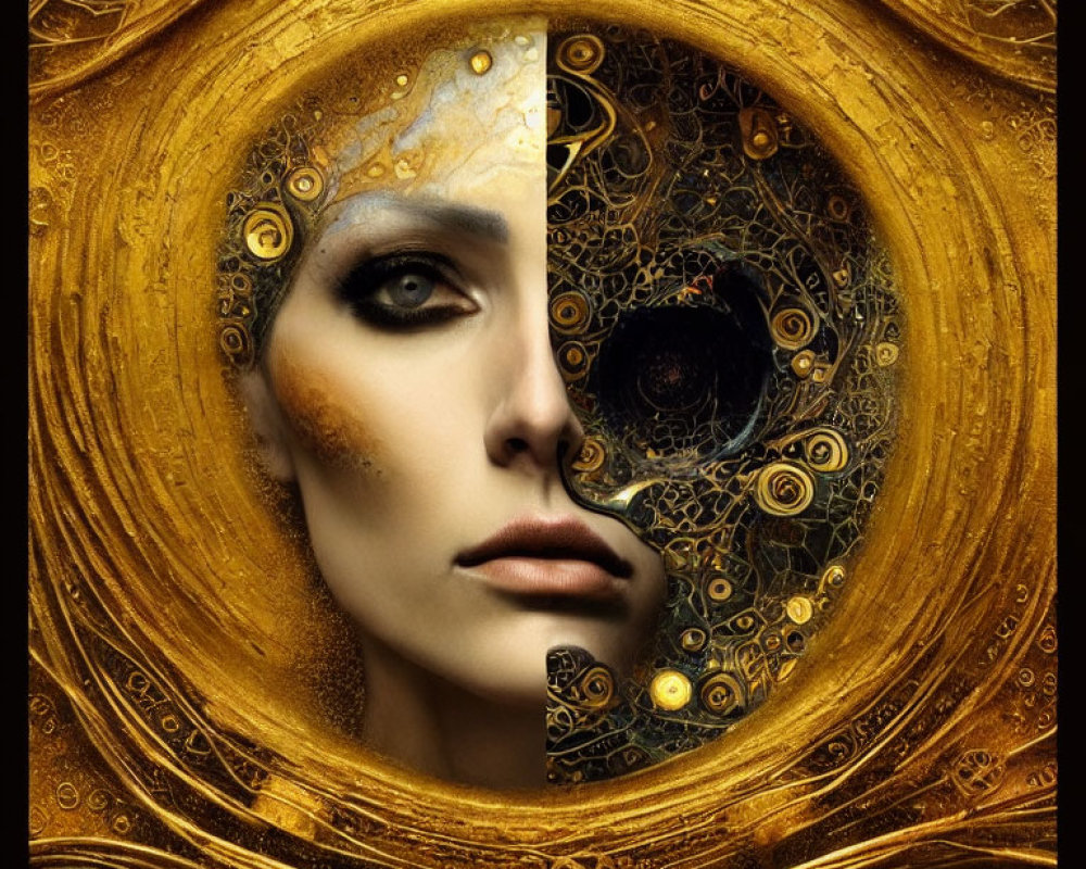 Surreal portrait of woman's face merged with golden mechanical gears