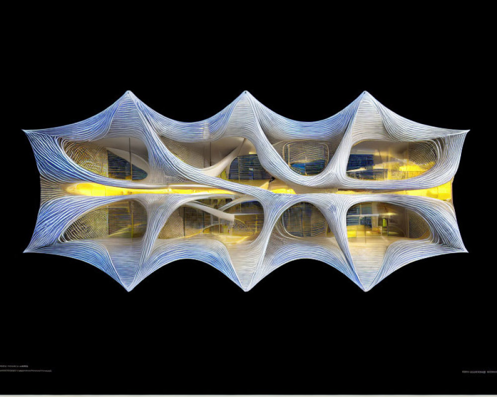 Symmetrical abstract architectural structure with wavy patterns and illuminated interiors