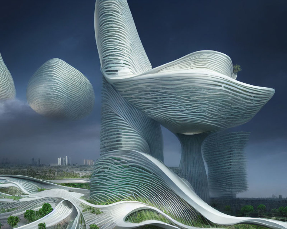 Interconnected Towers with Futuristic Organic Shapes in Landscaped Gardens