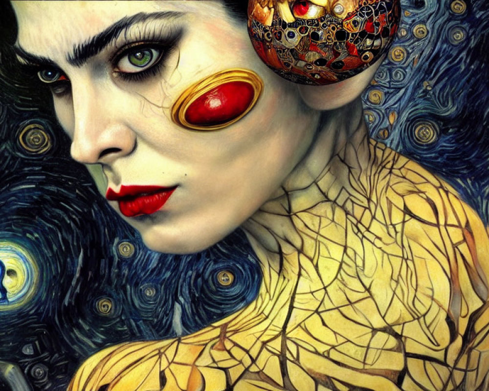 Surreal portrait of woman with cracked golden skin and third eye, set against 'Starry Night