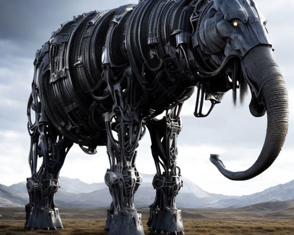 Intricate mechanized elephant sculpture in barren landscape