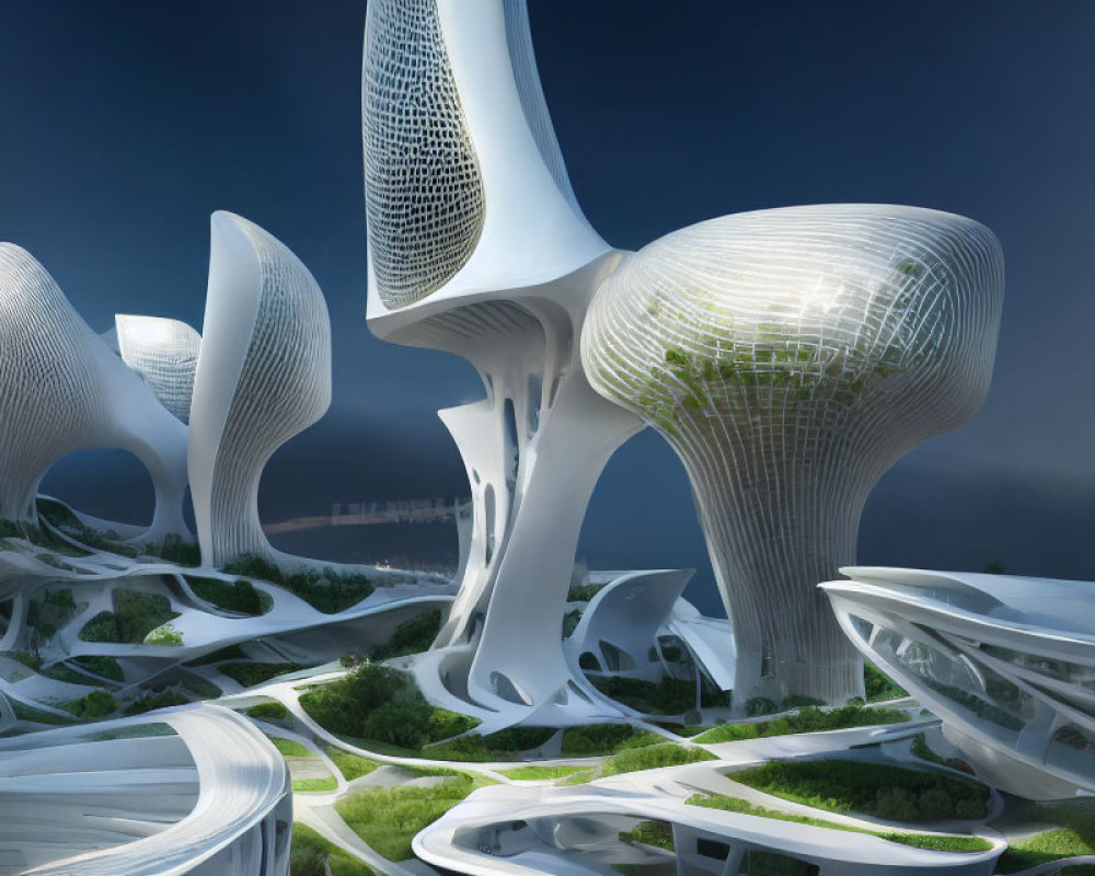 Futuristic cityscape with white organic structures and greenery under dramatic sky