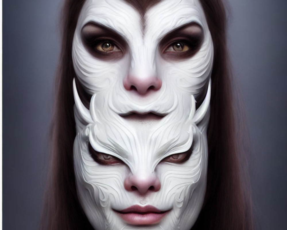 Person with stylized white fox mask face paint and horn-like appendages