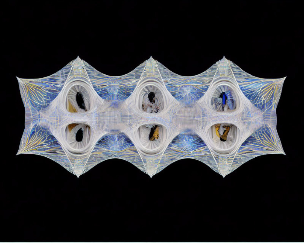 Symmetrical intricate digital art: Bat-like shape, fine lines, keyhole shapes, figures, black