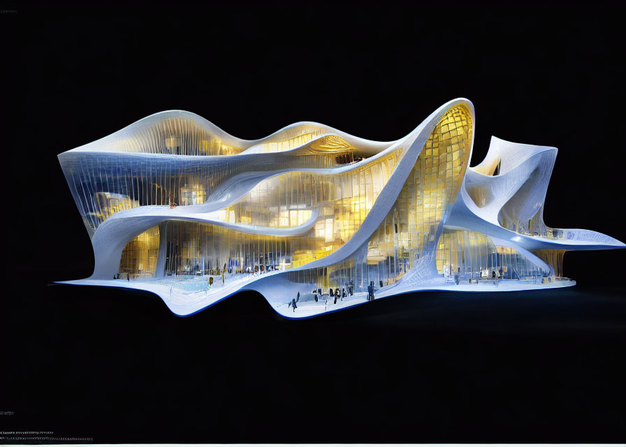 Futuristic Nighttime Building with Undulating Architecture and Glass Panels