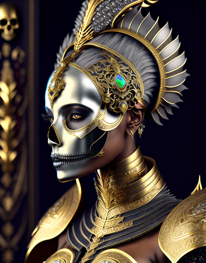 Skeleton figure in gold armor with green gem headdress - digital artwork