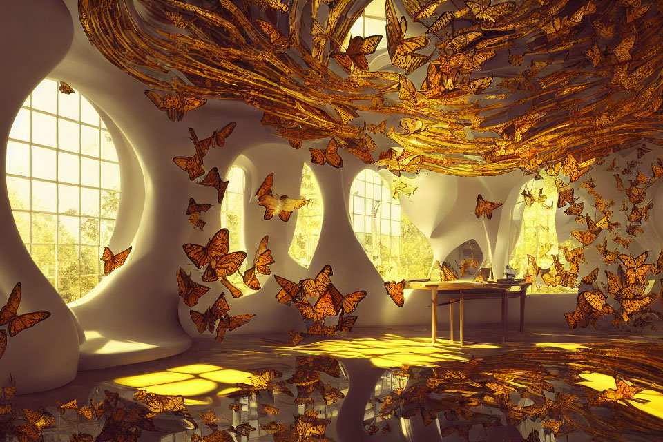 Room with Golden Butterflies, Tree, Windows, and Typewriter