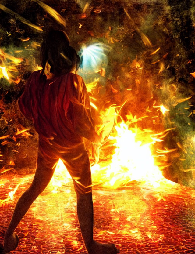 Person in Red Outfit Confronts Fiery Explosion with Intense Flames