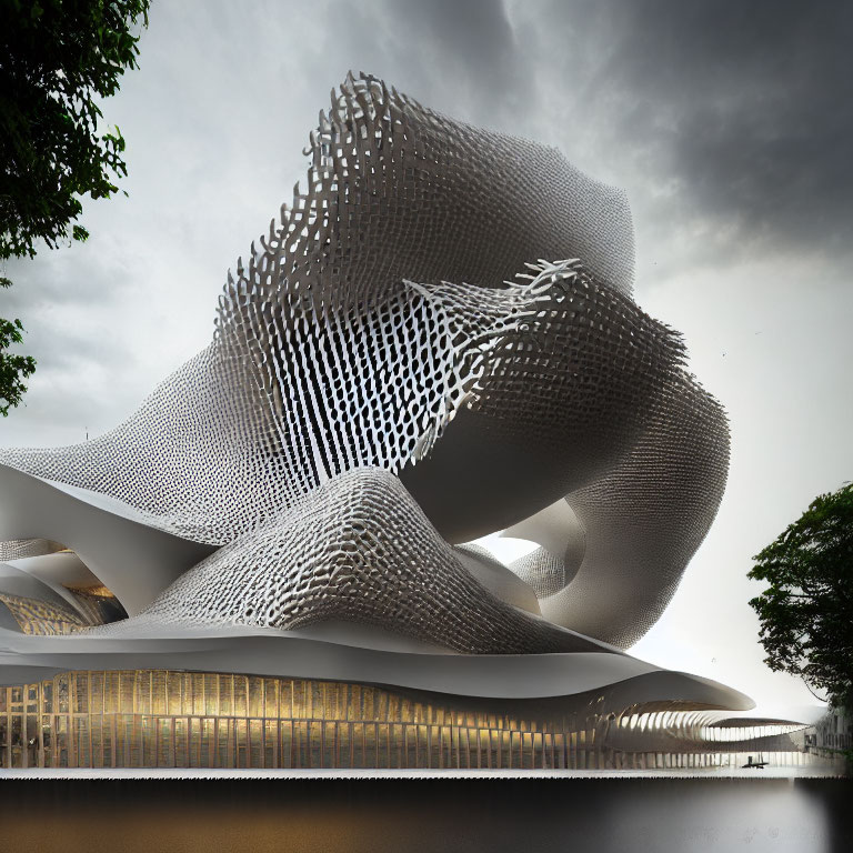 Dynamic Perforated Facade Over Glass Building Under Cloudy Sky