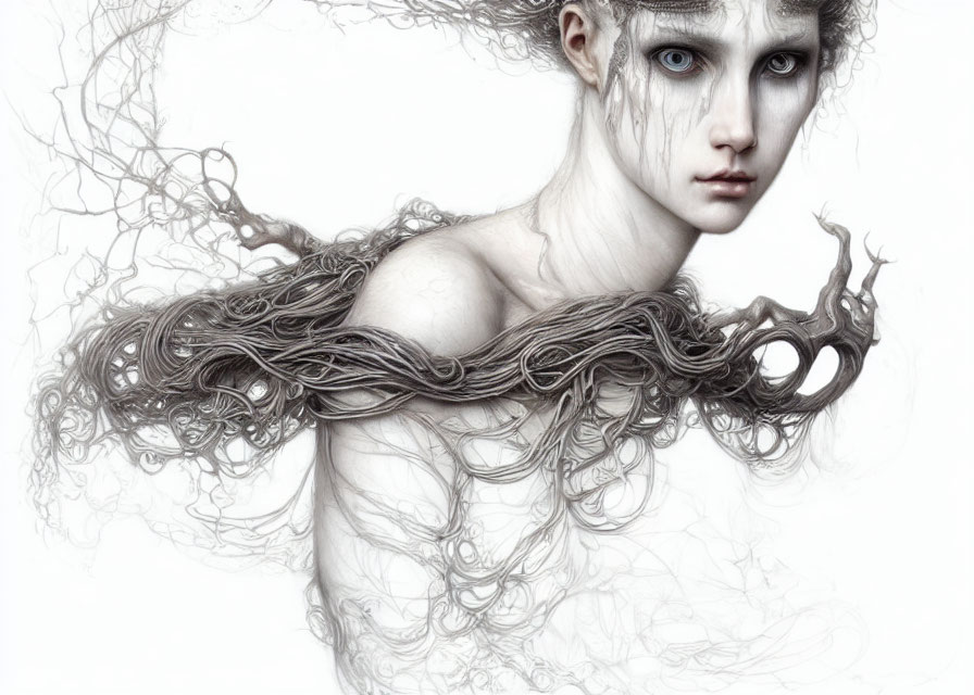 Monochromatic portrait of person with pale skin and intricate hair patterns