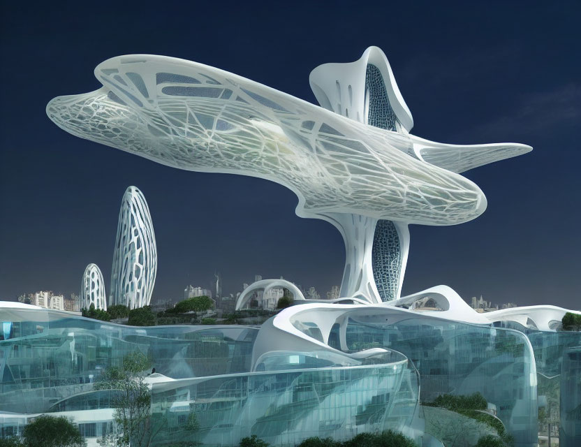 Organic futuristic architecture network under blue sky