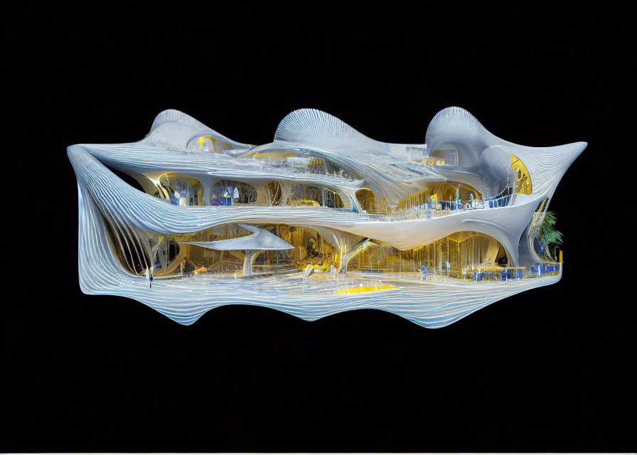 Distorted panoramic image of modern building with flowing lines and illuminated interior spaces