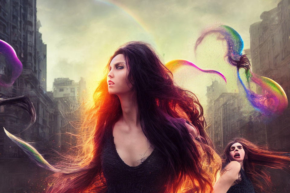 Red-Haired Woman in Surreal Cityscape with Rainbow and Bubbles