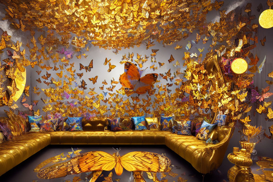 Golden butterfly-themed room with orange hues and vibrant decor.