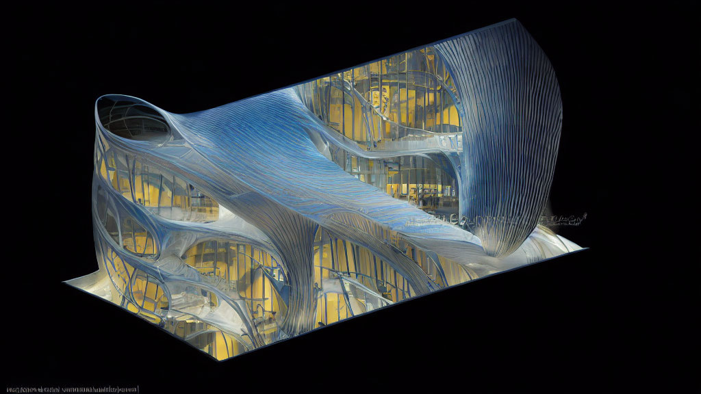 Futuristic architectural model with curvilinear structures on black background