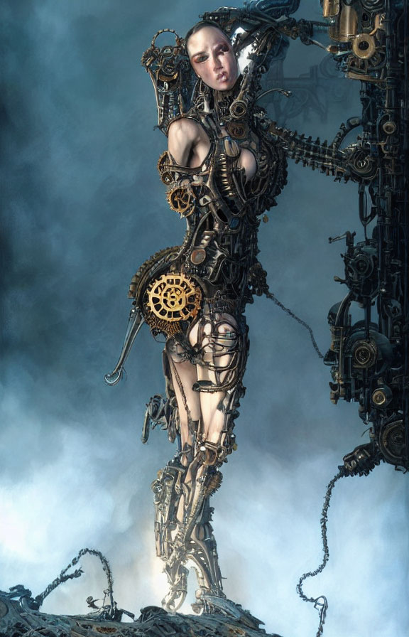 Mechanical humanoid figure in misty background merging organic and industrial elements