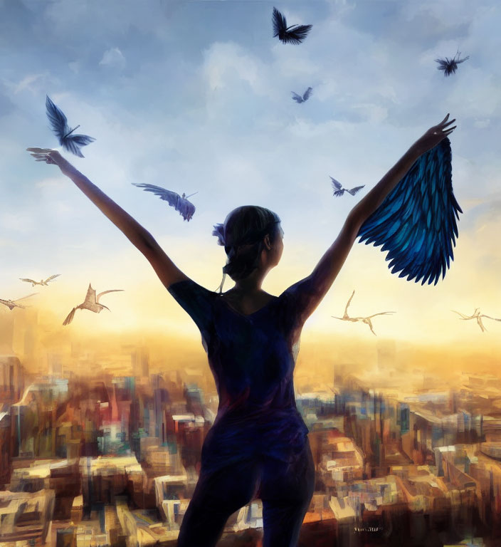 Person with wings standing in cityscape with birds at sunset