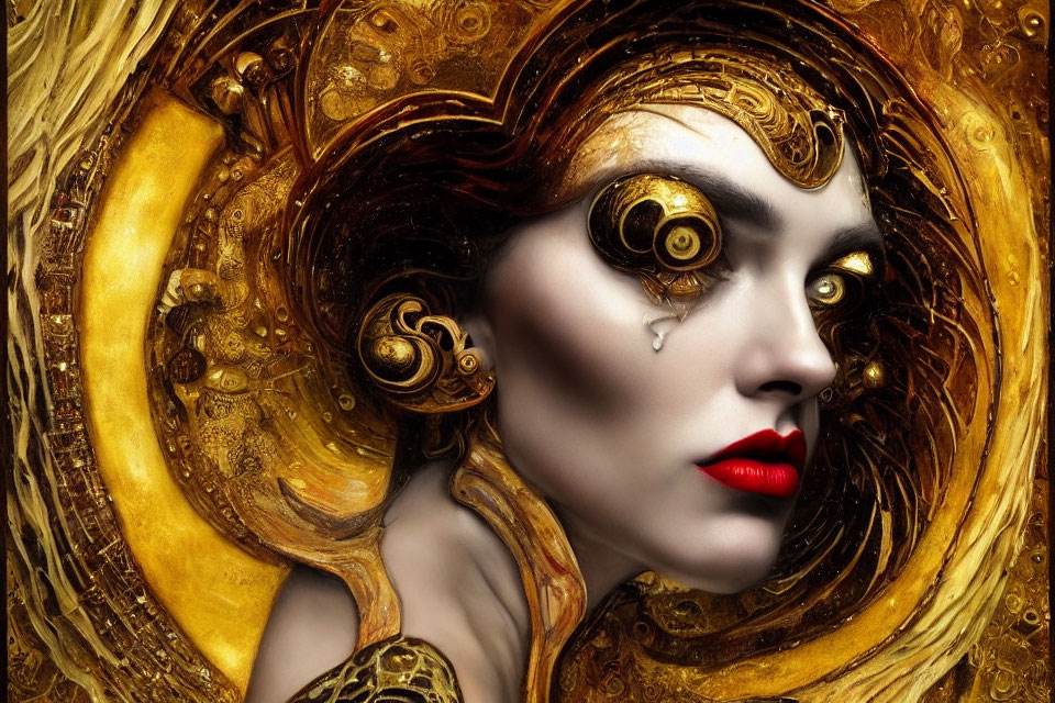 Surreal portrait of woman with gold and black mechanical elements