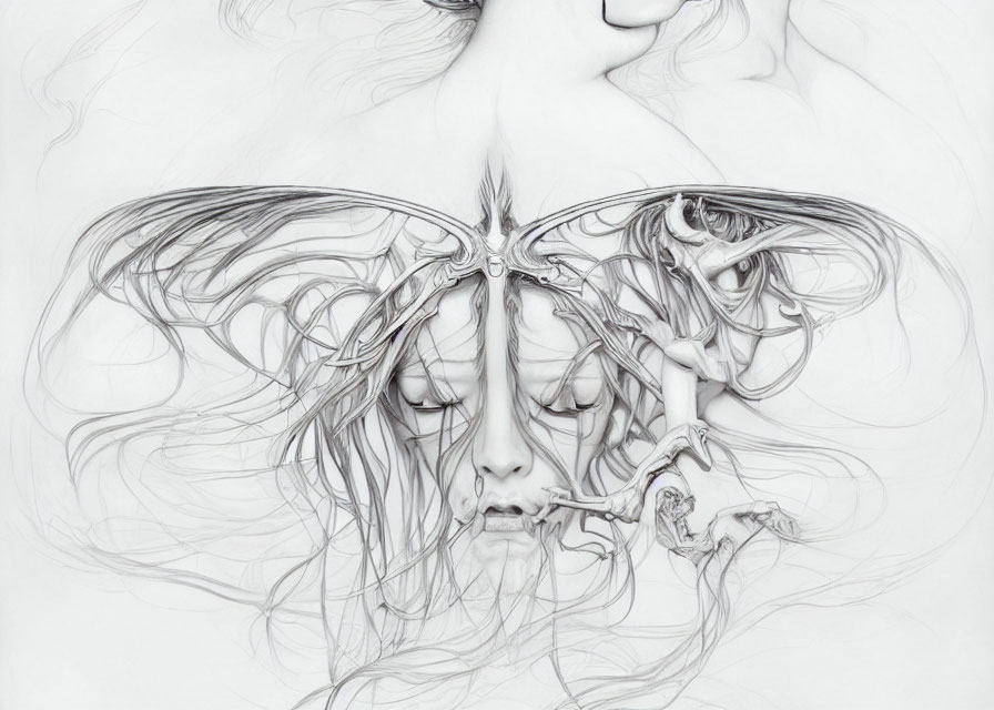 Symmetrical grayscale artwork of faces with flowing tree-like hair