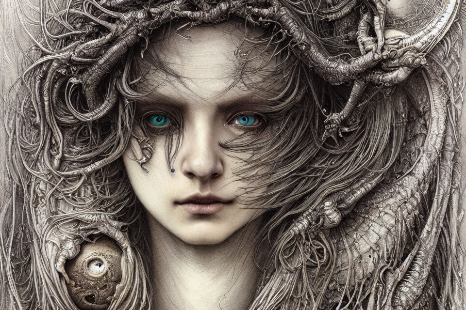 Fantasy portrait featuring person with blue eyes, entwined in serpentine branches.