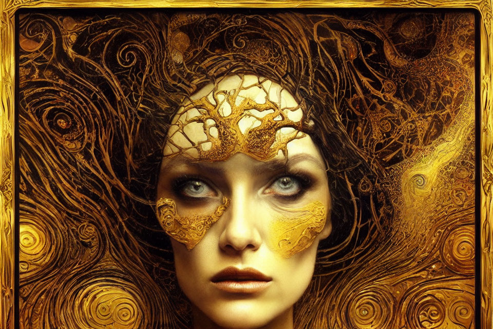 Woman's surreal portrait with golden patterns and blue eyes.