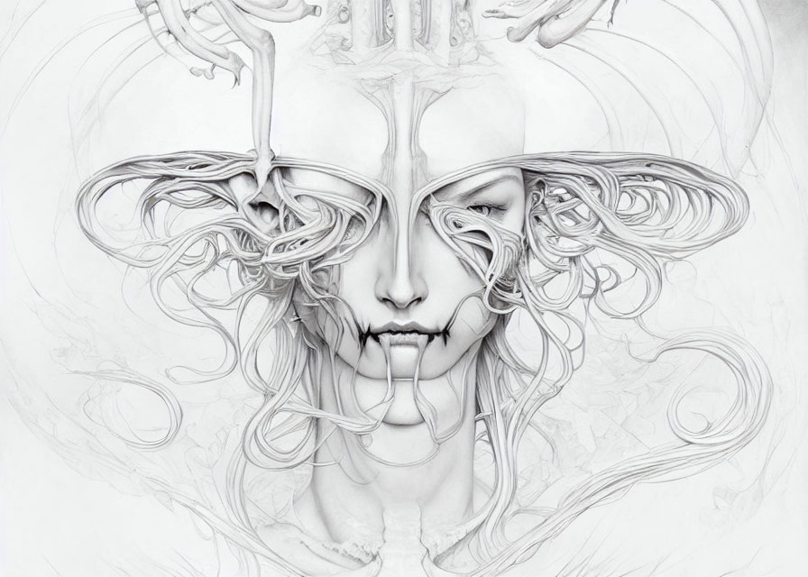 Symmetrical grayscale surreal portrait with intricate flowing lines