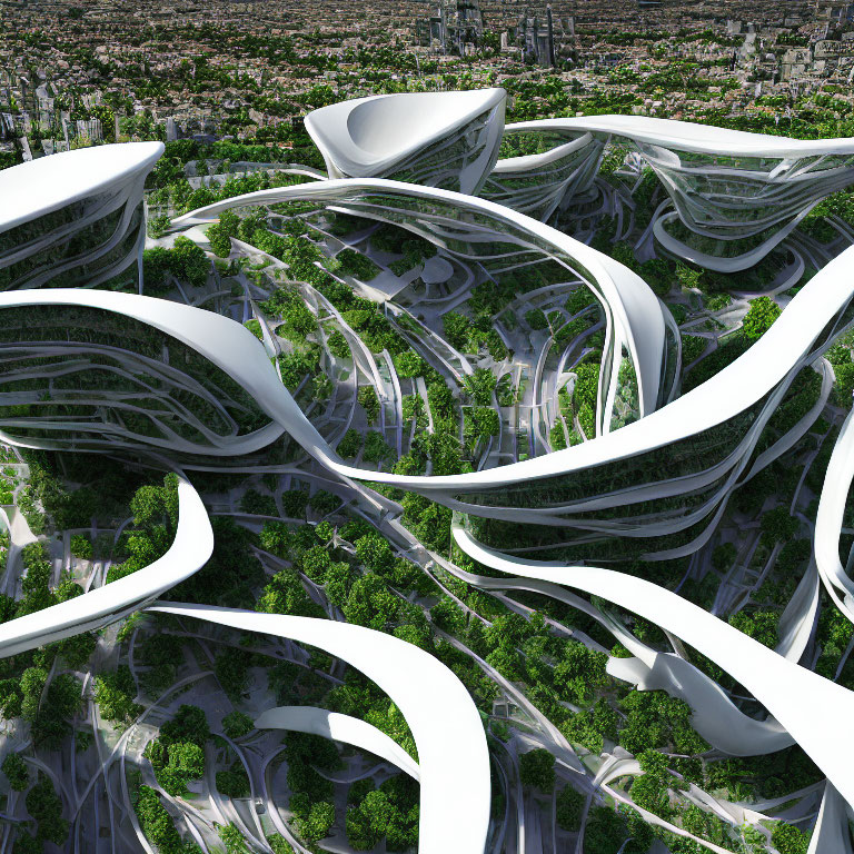 Futuristic Cityscape with White Roads and Greenery