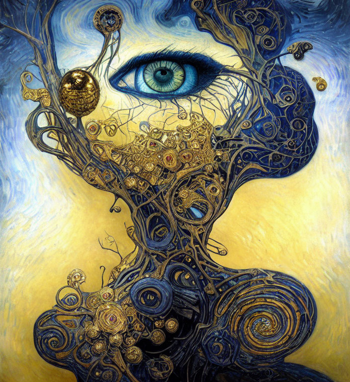 Surreal painting of blue eye with gold and blue swirls in Van Gogh-esque style